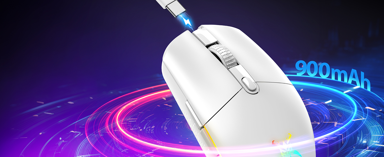 White wireless computer mouse with scrolling wheel and side buttons. Blue LED light on top. Text '900mAh' visible, suggesting battery capacity. Colorful neon effects surround the product.