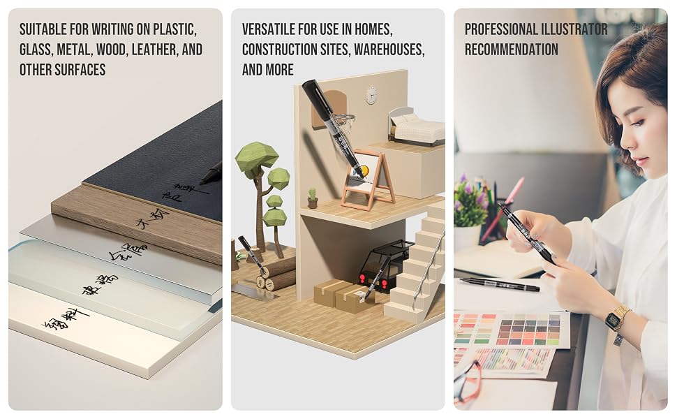 suitable for writing on plastic, glass, metal, wood, leather, and other surfaces