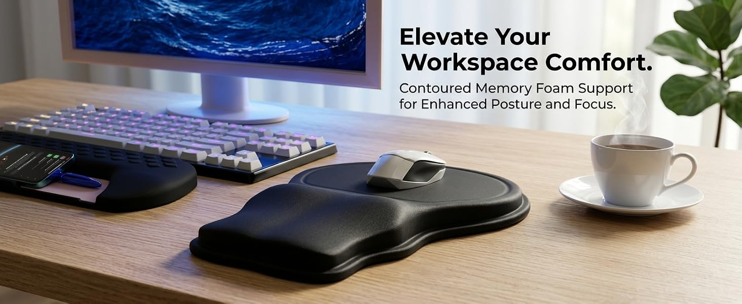 RAINZARD black ergonomic mouse pad with extended wrist and forearm support on a white office desk.