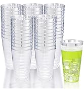 LIYH 100 Pcs 16 oz Silver Plastic Cups - Clear Plastic Tumblers with Silver Rim Big Size Fancy Di...