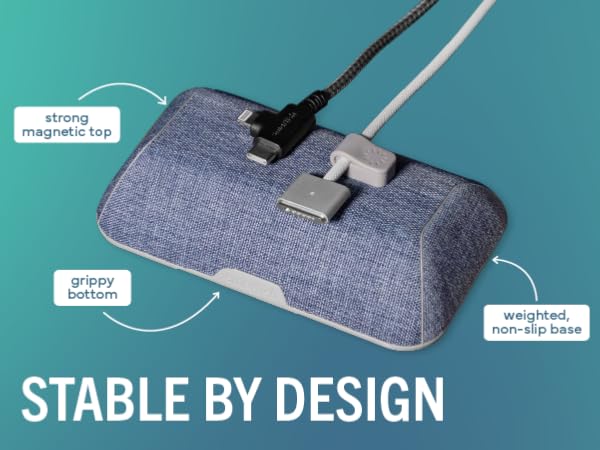 Cable Wrangler weighted base non-slip rubber bottom stays put on desk without adhesives or tape