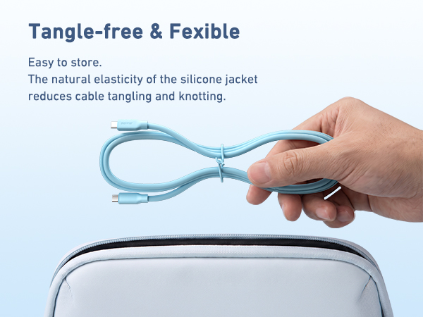 Text reads: 'Tangle-free & Flexible | Easy to store | The natural elasticity of the silicone jacket prevents tangling and knotting'. Close-up of blue silicone cable organizer being held, demonstrating flexibility and storage capability.