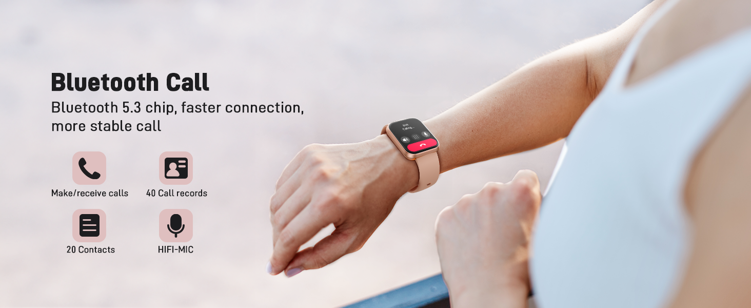 Smartwatch on wrist displaying call function. Image highlights Bluetooth 5.3 chip for faster, stable connections. Icons show hands-free calls, voice assistant, contacts sync, and voice messaging features.