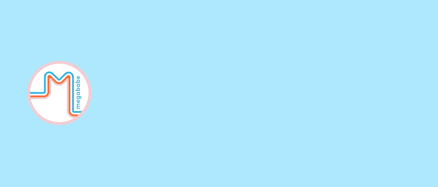 ombre blue and pink background with Megababe circle logo