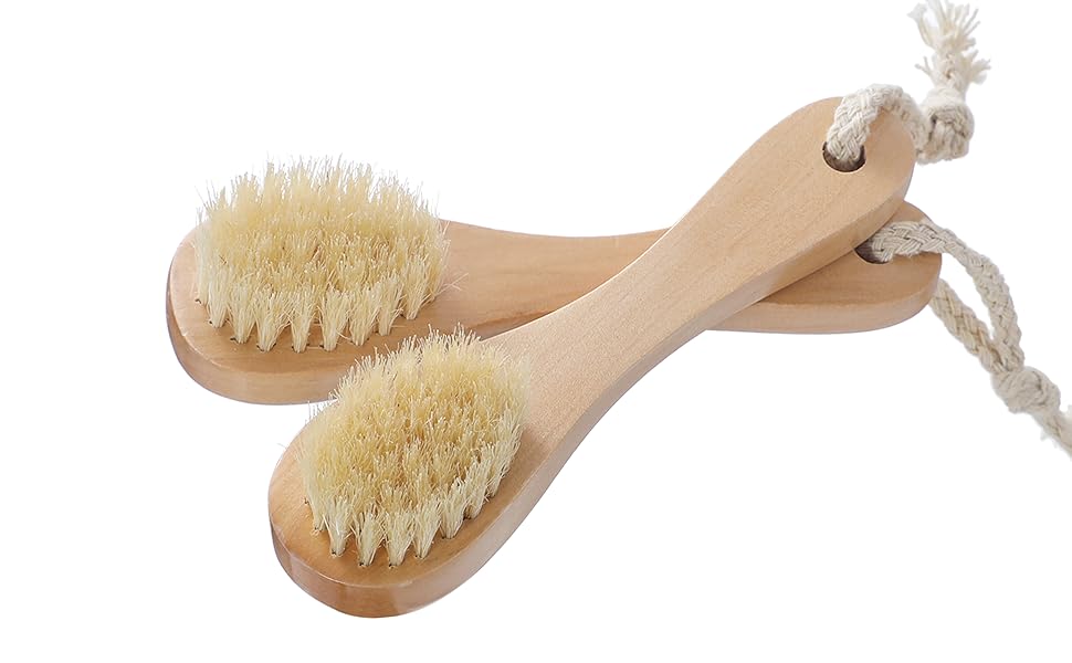 Facial cleansing brush made with natural boar bristles and wooden handle