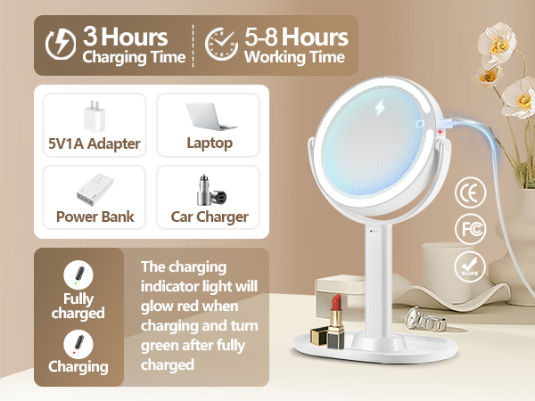 Text reads '3 Hours Charging Time', '5-8 Hours Working Time'. Infographic showing charging system icons and specifications for electronic device.