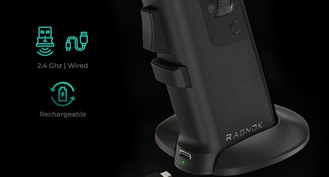FireGrip with 2.4Ghz wireless and wired connection, rechargeable design.