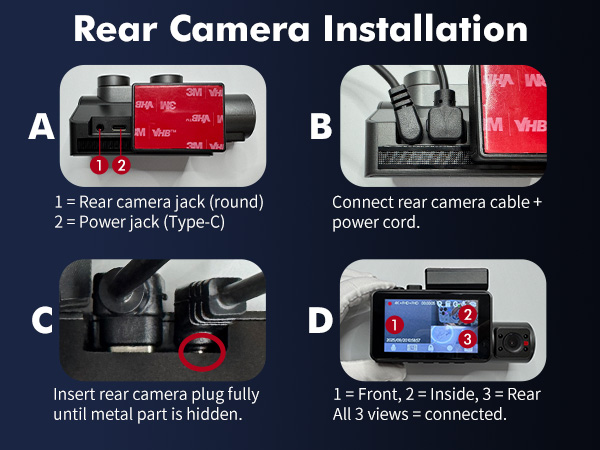 Text reads: 'Rear Camera Installation'. Technical installation diagram showing steps A-D for camera connection, including jack inputs and cable connections with annotated instructions.