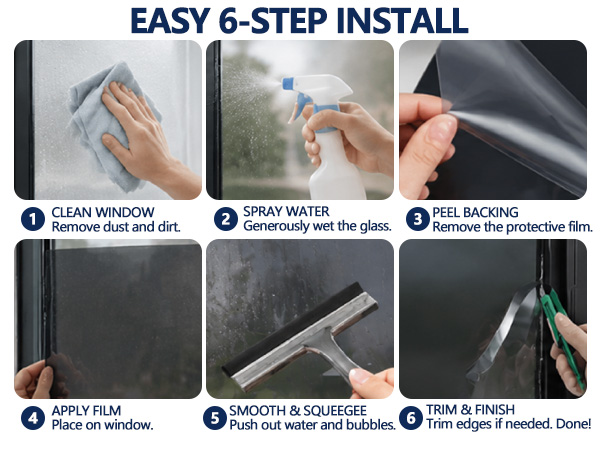 Six step diagram detailing easy one way privacy window film installation