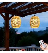 Battery Operated Chandelier, 2 Pack Natural Rattan Pendant Lights - Waterproof Outdoor Boho Hangi...