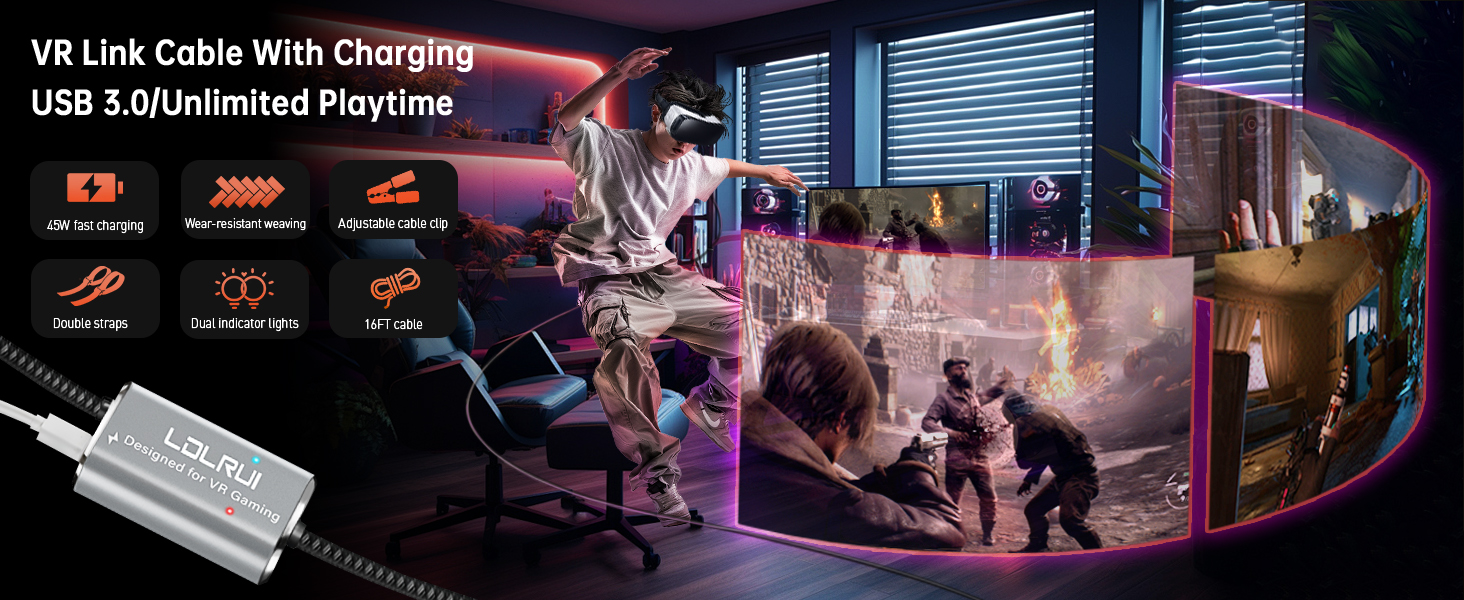 Text reads 'VR Link Cable With Charging USB 3.0'. Gaming setup with dramatic purple and blue lighting showing VR equipment and cable connection.
