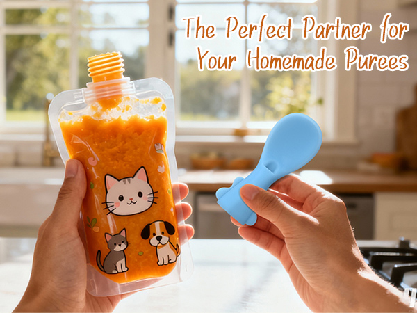Showcasing the spoon's seamless attachment to a homemade puree pouch for convenient feeding.