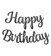 PatiCool Black Happy Birthday Banner - Pre-Strung, Glitter Black Birthday Sign, 10 Feet, NO DIY, ...