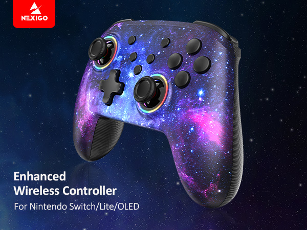 The image showcases a Nebula skin on the Bluetooth controller.