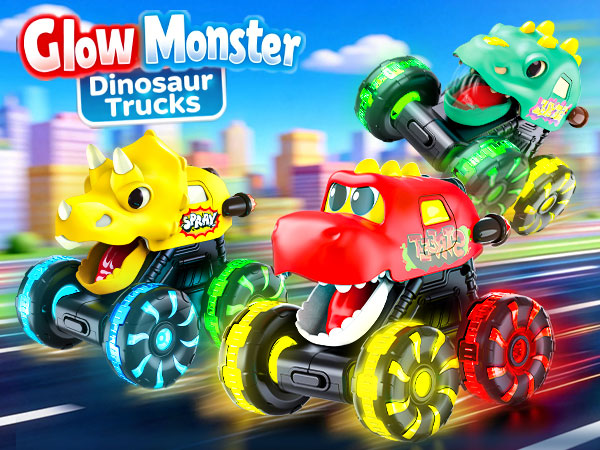 dinosaur monster trucks toys color changing light up monster cars for boys age 1-3 2-4 3-5 4-7
