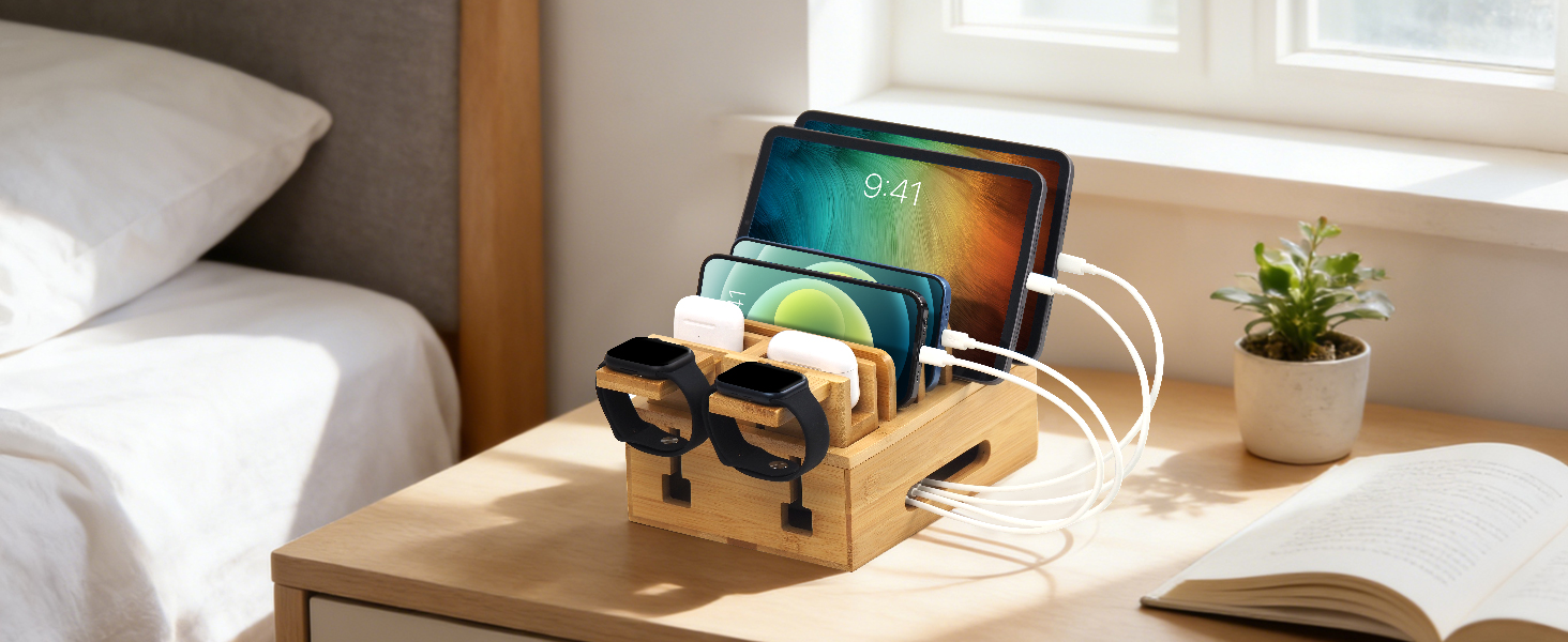 Bamboo charging station organizer for multi devices