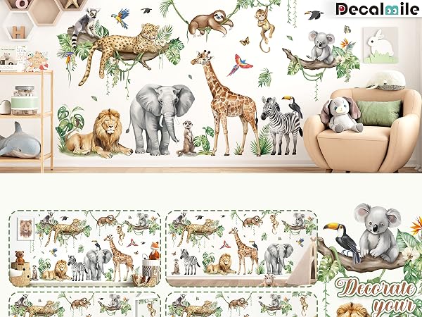 Colorful wall decals featuring various safari animals including elephants, lions, giraffes, and monkeys. The decals show animals in naturalistic poses with tropical foliage accents.