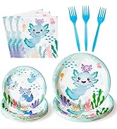 G1ngtar 96Pcs Blue Axolotl Party Plates Supplies - Cute Cartoon Axolotl Party Tableware Decoratio...