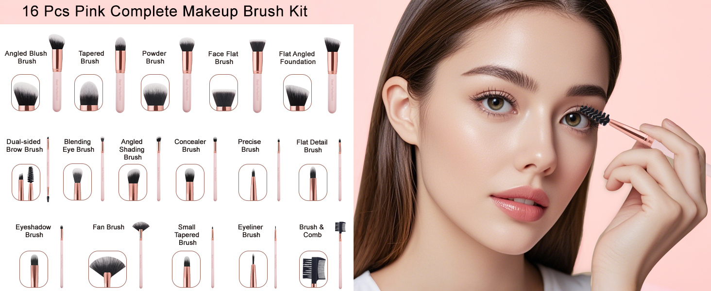 Real Perfection Makeup Brush Set 16 Pcs with 1 Eyebrow Razor Pink Makeup Brushes Make up Brushes