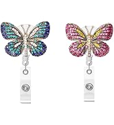 2 Pcs Fashion Retractable Badge Reel, Crystal Blue and Pink Butterfly Bling Diamond Nurse Badge H...