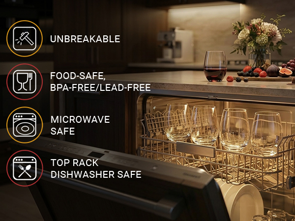 Clear plastic stemless wine glasses loaded safely in a kitchen dishwasher top rack.