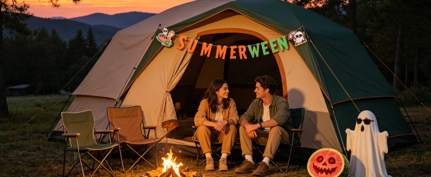 Summerween banner on tent, couple camping under stars.