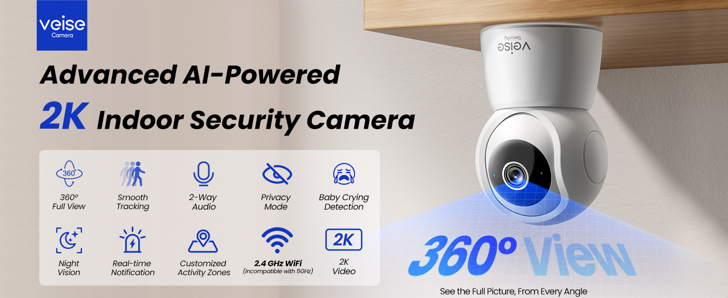 2K indoor security camera mounted on a wall, displaying its 10 key features: 360° view, AI tracking