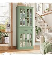 FOTOSOK 71'' Tall Kitchen Cabinet with Glass Doors and Drawer, Freestanding Food Pantry with Adju...