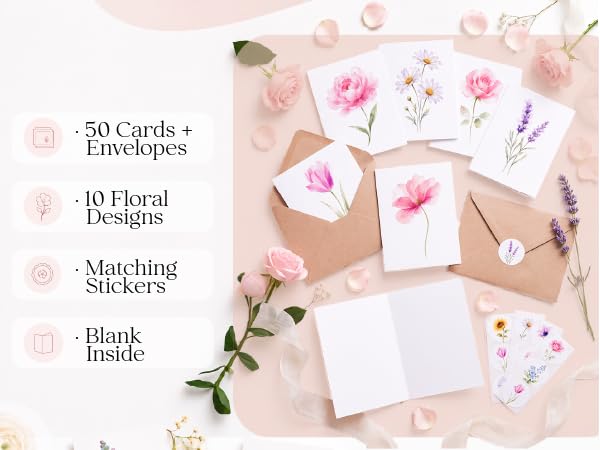 Pack 50 Watercolor Flowers Cards