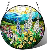 Stained Glass Window Hanging, Wildflowers Plant Scenery Suncatcher for Door Home Decor,Valley Sun...