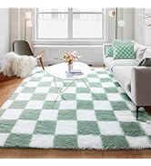 KICMOR Living Room Rugs 5x8 Sage Green and White, Large Fluffy Furry Shaggy Fuzzy Checkered Area ...