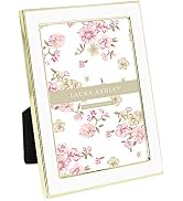 Laura Ashley 4x6 White Enamel Picture Frame, Gold Metal Edge w/Easel | Enamel Photo Frame for Tab...