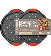 Pizza Tray – 2 Round with Silicone Handles – Carbon Steel Pizza Pan with Holes and Non-Stick Coat...