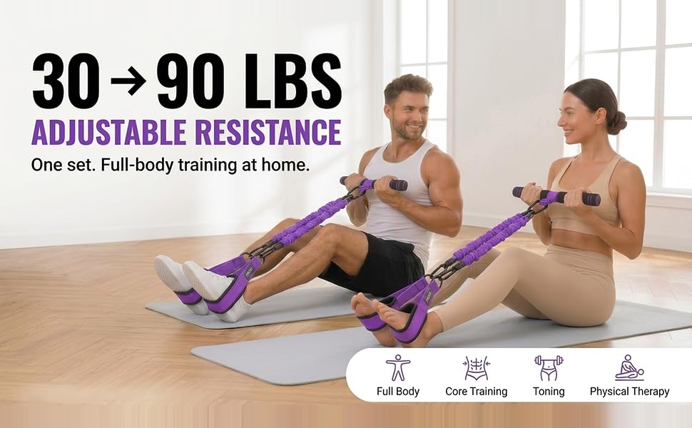 Colored resistance bands set with handles showing 30, 60, and 90 lbs weight options