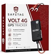 Text reads 'SAFETAG VOLT 4G GPS TRACKER' with product features listed: 'Real-time tracking', '10-30 Seconds', '24/7 Alerts'. Black GPS tracking device shown against red packaging box with brand shield logo.