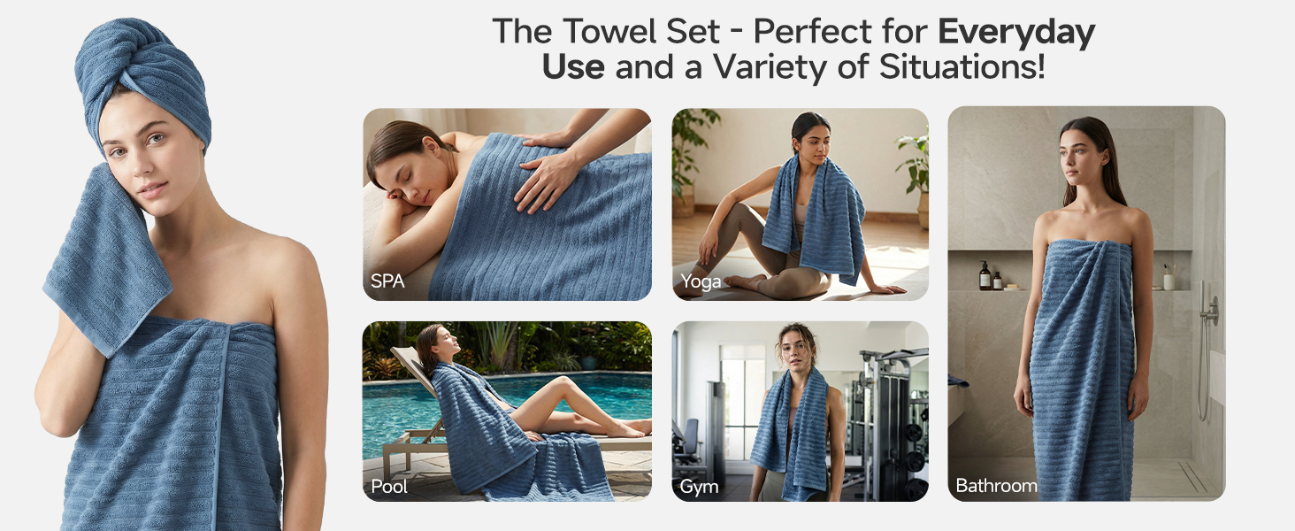 Large Blue Bath Towel Set of 2