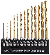 COMOWARE Titanium Twist Drill Bit Set - 13 Pcs Hex Shank High Speed Steel for Wood Plastic Alumin...