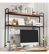 OUKMIC Desk Shelf, 2-Tier Desktop Hutch Bookshelf with Pegboard Hooks Set, Metal Table Top Bookca...