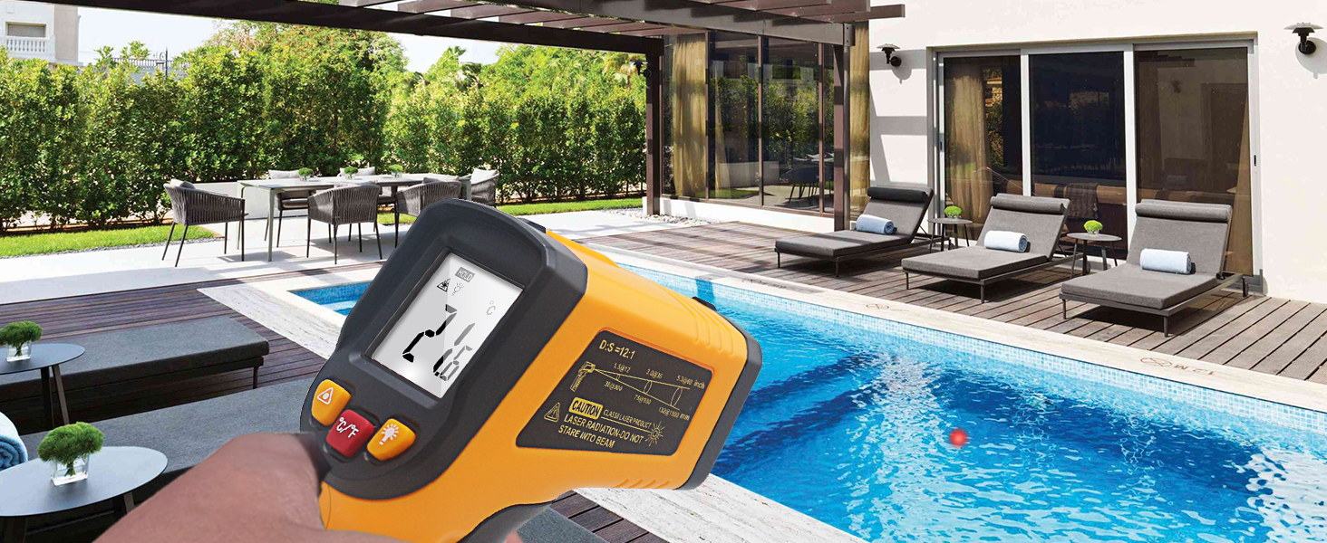 Text reads 'Image 1'. Digital infrared thermometer being held near a luxurious pool area with lounge chairs and pergola. Device has LCD display and orange/black casing.