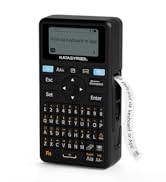 Black electronic label maker with QWERTY keyboard, LCD display screen, and tape output slot. Compact handheld device for printing custom labels.