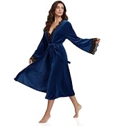 RONGTAI Velvet Robe for Women Long Soft Lace Bathrobe Sexy Nightgown V Neck with Belt Sleepwear S-L