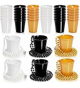 Cididu 36 Pack Shot Glass on Beaded Necklace, Disposable Mini Plastic Shot Cups Black Gold White,...