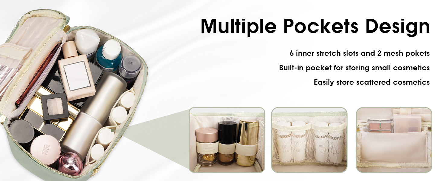 Multi-compartment cosmetic organizer with built-in pockets, shown storing various makeup items. Multiple views demonstrate different storage configurations and organization options.