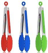 EEKEDO Small Cooking Tongs 7 inch Mini Serving Tongs with Silicone Tips, Set of 3 (Red + Green + ...