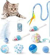 MALLMALL6 10Pcs Cat Toy Set Including Cat Springs Feather Teaser Wand Mice Crinkle Balls and Pet ...