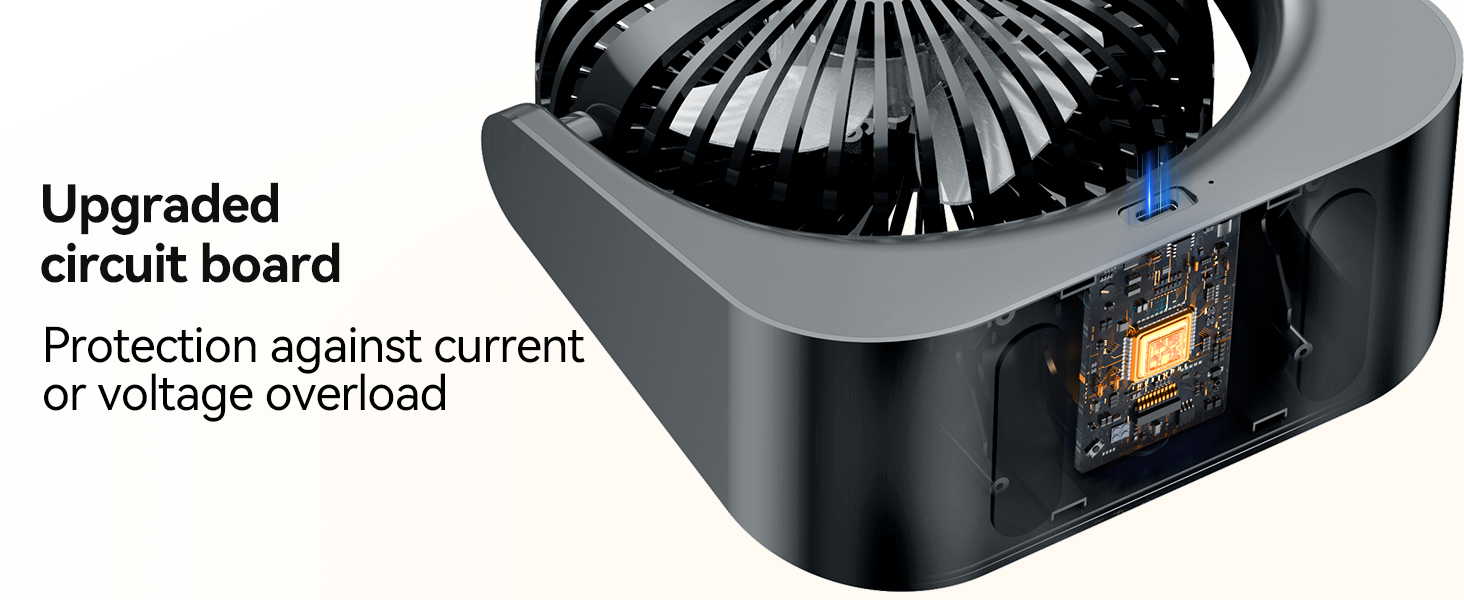 Close-up of a gray electronic device with fan blades visible. Text indicates 'Upgraded circuit board' and 'Protection against current or voltage overload'.