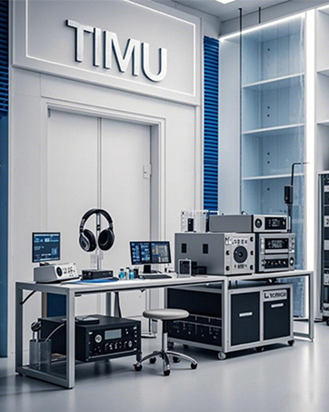 Audio equipment testing lab with workstation, monitors, headphones, and rack-mounted devices. Blue storage lockers and 'TIMU' sign visible. Clean, modern interior with white walls and bright lighting.