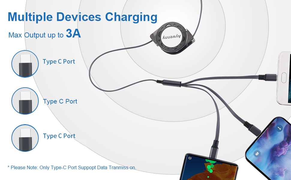 3 Pack USB Type C Retractable Cable Fast Charging 3.3FT, QC 3.0 Sync Data Charger Cord