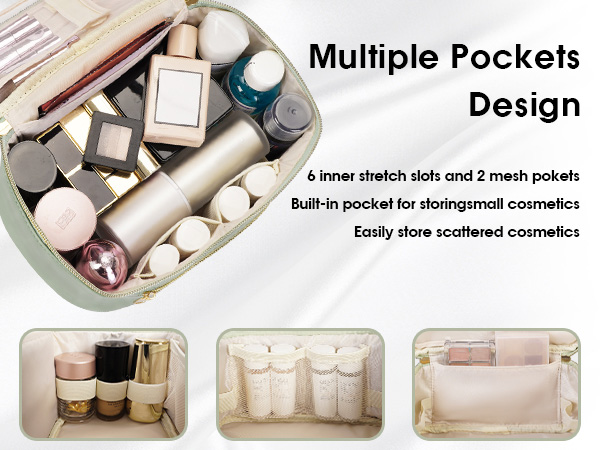 Makeup organizer with multiple compartments. Features 6 stretch slots, 2 mesh pockets, and built-in pocket for small cosmetics. Three views showing different storage options.