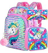gxtvo 3PCS Girls Backpack, 16" Sequin Prechool Elementary Bookbag and Lunch Box